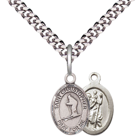 Small Sized Men's Pewter Saint St. Christopher Skiing Medal Pendant on 24 Inch Endless Rhodium Plated Heavy Curb Brass Chain, Catholic Religious Necklace - Made in USA- Deluxe Velvet Gift Box