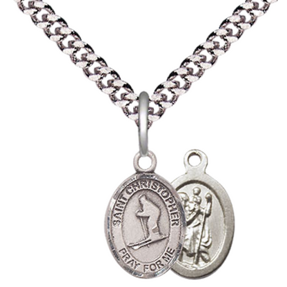 Small Sized Men's .925 Sterling Silver Saint St. Christopher Skiing Medal Pendant on 24 Inch Endless Rhodium Plated Heavy Curb Brass Chain, Catholic Religious Necklace - Made in USA- Deluxe Velvet Gift Box