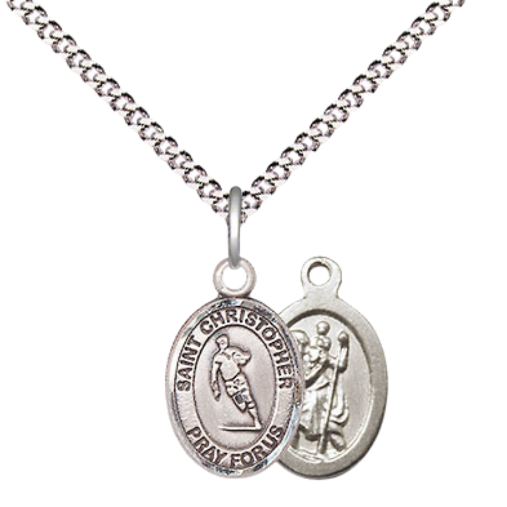 Small Sized Women's Pewter Saint St. Christopher Rugby Medal Pendant on 18 Inch Rhodium Plated Lite Curb Brass Chain with Lobster Claw Clasp, Catholic Religious Necklace - Made in USA- Velvet Gift Box