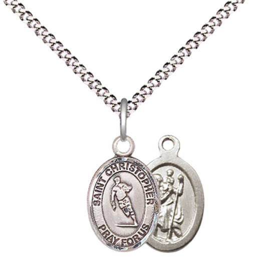 Small Sized Women's Pewter Saint St. Christopher Rugby Medal Pendant on 18 Inch Rhodium Plated Lite Curb Brass Chain with Lobster Claw Clasp, Catholic Religious Necklace - Made in USA- Velvet Gift Box