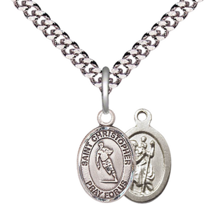 Small Sized Men's Pewter Saint St. Christopher Rugby Medal Pendant on 24 Inch Endless Rhodium Plated Heavy Curb Brass Chain, Catholic Religious Necklace - Made in USA- Deluxe Velvet Gift Box