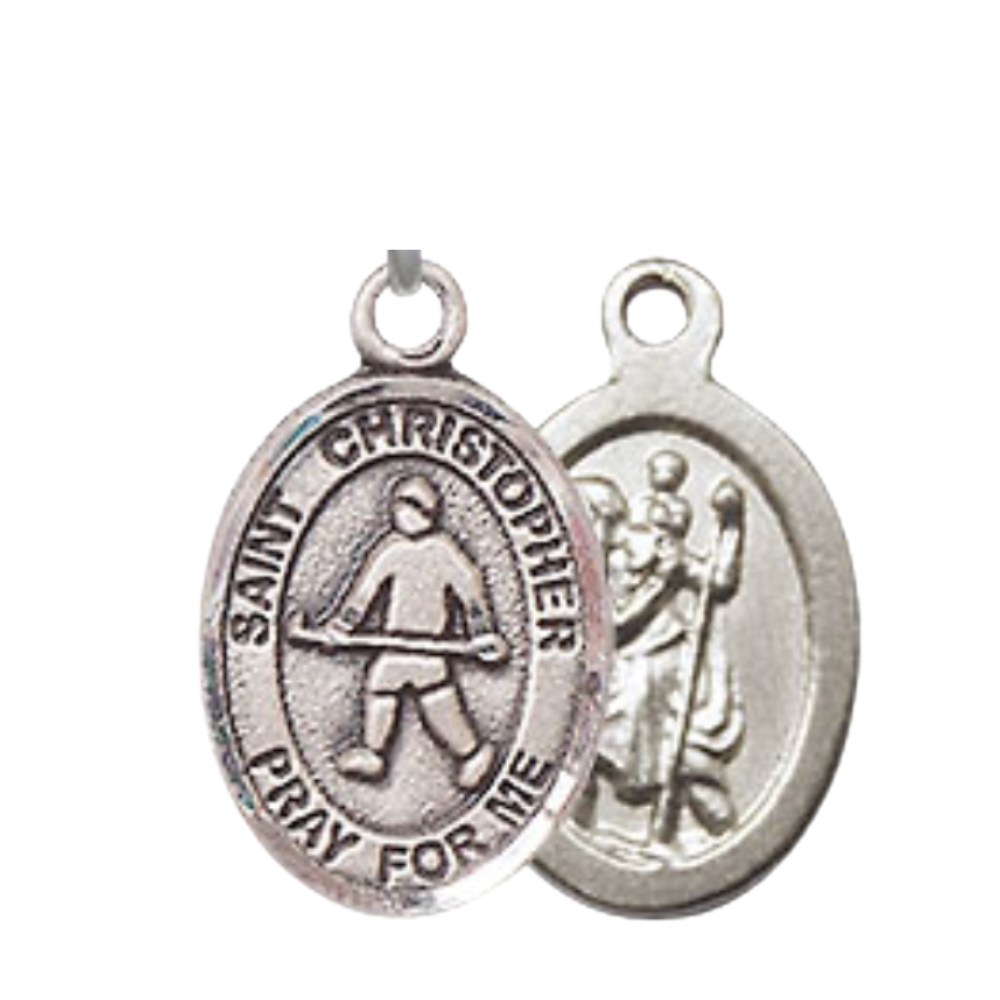 Small Sized Women's .925 Sterling Silver Saint St. Christopher Field Hockey Medal Pendant on 18 Inch Rhodium Plated Lite Curb Brass Chain w/ Lobster Claw Clasp, Catholic Religious Necklace - Made in USA- Velvet Gift Box