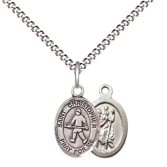 Small Sized Women's Pewter Saint St. Christopher Field Hockey Medal Pendant on 18 Inch Rhodium Plated Lite Curb Brass Chain with Lobster Claw Clasp, Catholic Religious Necklace - Made in USA- Velvet Gift Box