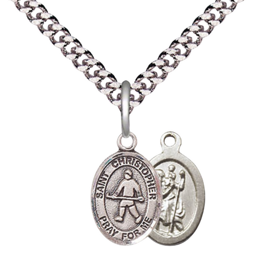 Small Sized Men's Pewter Saint St. Christopher Field Hockey Medal Pendant on 24 Inch Endless Rhodium Plated Heavy Curb Brass Chain, Catholic Religious Necklace - Made in USA- Deluxe Velvet Gift Box