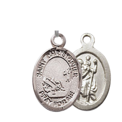 Small Sized Women's Pewter Saint St. Christopher Fishing Medal Pendant on 18 Inch Rhodium Plated Lite Curb Brass Chain with Lobster Claw Clasp, Catholic Religious Necklace - Made in USA- Velvet Gift Box