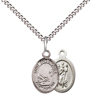 Small Sized Women's .925 Sterling Silver Saint Christopher Fishing Medal Pendant on 18 Inch Rhodium Plated Lite Curb Brass Chain w/ Lobster Claw Clasp, Catholic Religious Necklace - Made in USA- Velvet Gift Box