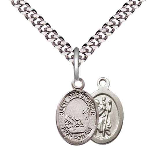 Small Sized Men's Pewter Saint St. Christopher Fishing Medal Pendant on 24 Inch Endless Rhodium Plated Heavy Curb Brass Chain, Catholic Religious Necklace - Made in USA- Deluxe Velvet Gift Box