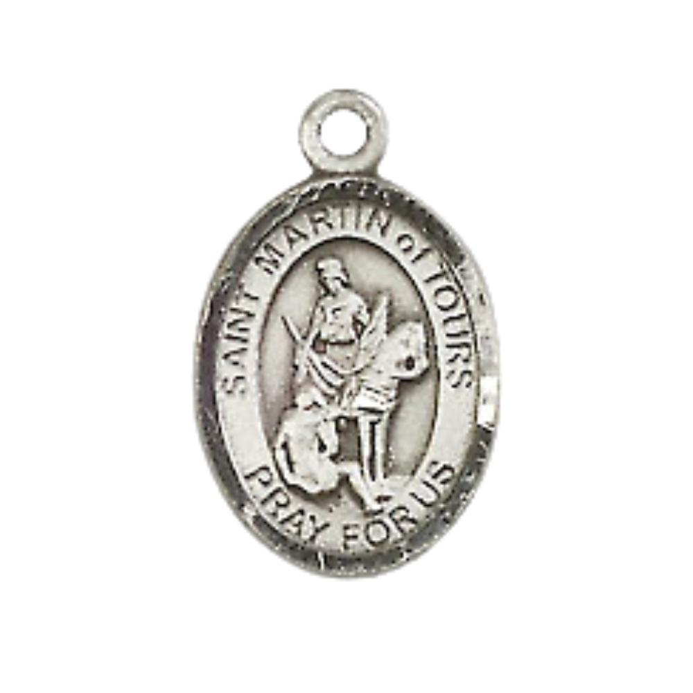 Small Sized Women's Pewter Saint St. Martin of Tours Medal Pendant on 18 Inch Rhodium Plated Lite Curb Brass Chain with Lobster Claw Clasp, Catholic Religious Necklace - Made in USA- Velvet Gift Box