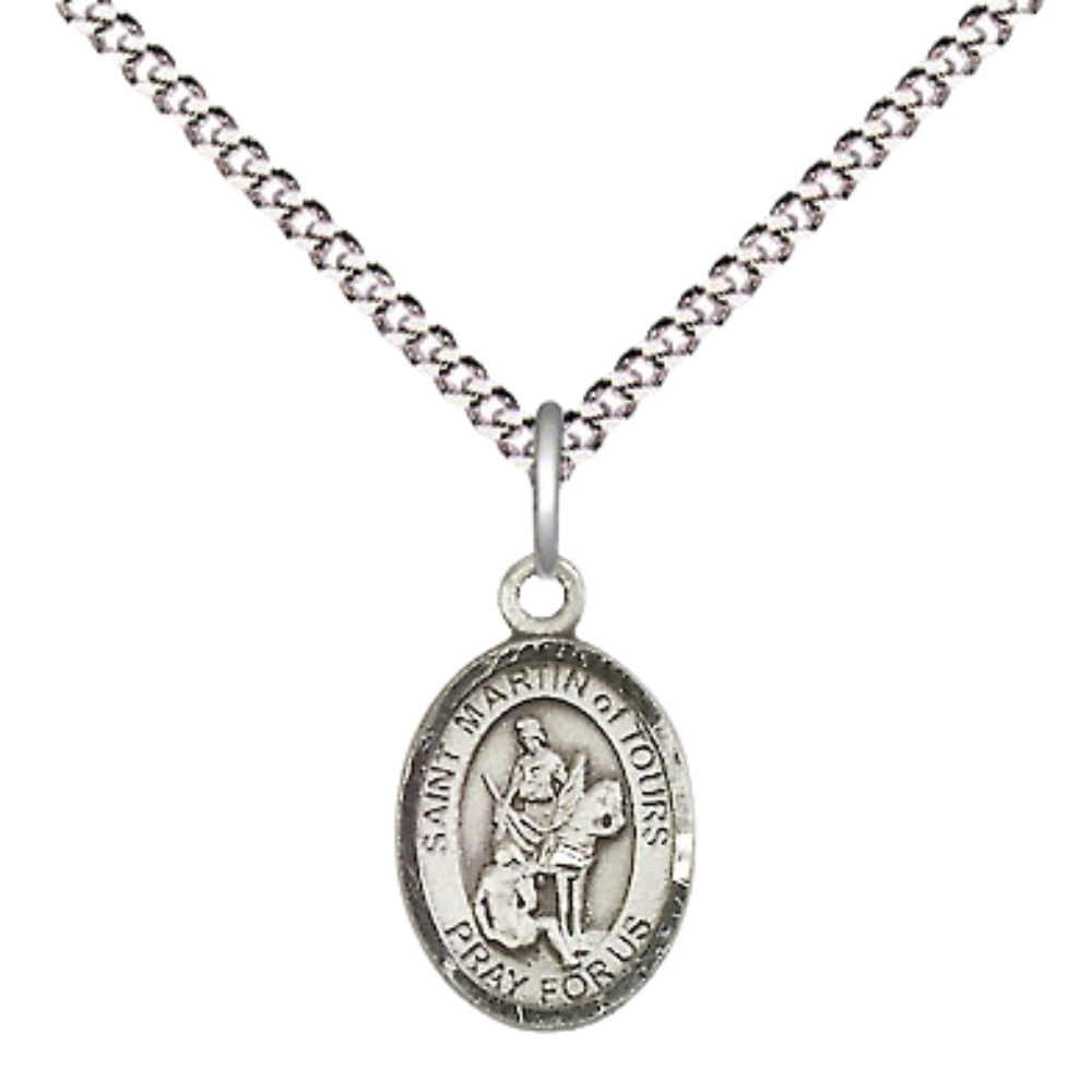 Small Sized Women's Pewter Saint St. Martin of Tours Medal Pendant on 18 Inch Rhodium Plated Lite Curb Brass Chain with Lobster Claw Clasp, Catholic Religious Necklace - Made in USA- Velvet Gift Box