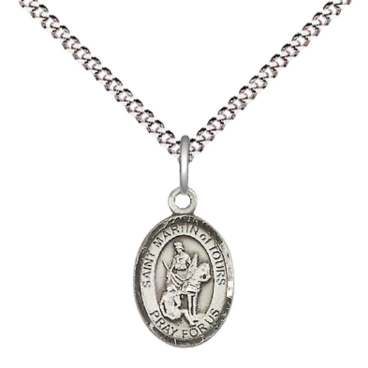 Small Sized Women's Pewter Saint St. Martin of Tours Medal Pendant on 18 Inch Rhodium Plated Lite Curb Brass Chain with Lobster Claw Clasp, Catholic Religious Necklace - Made in USA- Velvet Gift Box