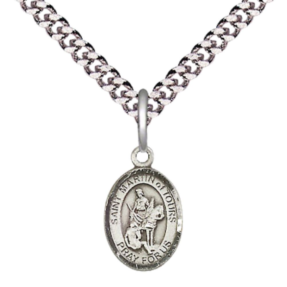 Small Sized Men's .925 Sterling Silver Saint St. Martin of Tours Medal Pendant on 24 Inch Endless Rhodium Plated Heavy Curb Brass Chain, Catholic Religious Necklace - Made in USA- Deluxe Velvet Gift Box