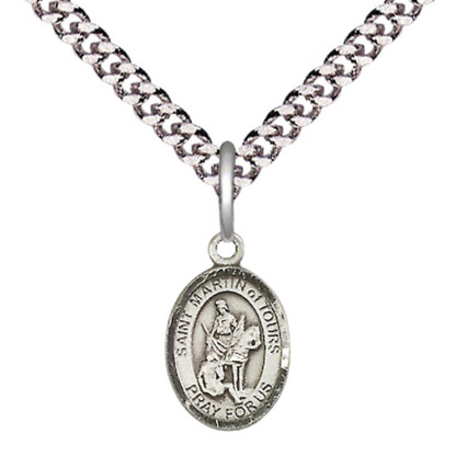 Small Sized Men's Pewter Saint St. Martin of Tours Medal Pendant on 24 Inch Endless Rhodium Plated Heavy Curb Brass Chain, Catholic Religious Necklace - Made in USA- Deluxe Velvet Gift Box