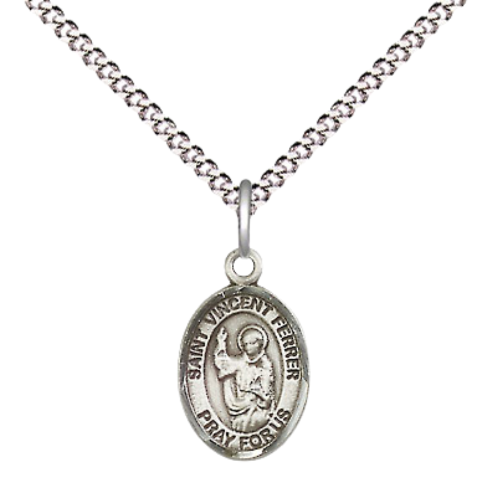 Small Sized Women's .925 Sterling Silver Saint St. Vincent Ferrer Medal Pendant on 18 Inch Rhodium Plated Lite Curb Brass Chain with Lobster Claw Clasp, Catholic Religious Necklace - Made in USA- Velvet Gift Box
