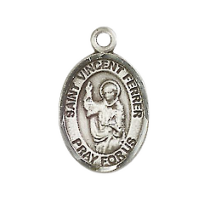 Small Sized Women's Pewter Saint St. Vincent Ferrer Medal Pendant on 18 Inch Rhodium Plated Lite Curb Brass Chain with Lobster Claw Clasp, Catholic Religious Necklace - Made in USA- Velvet Gift Box