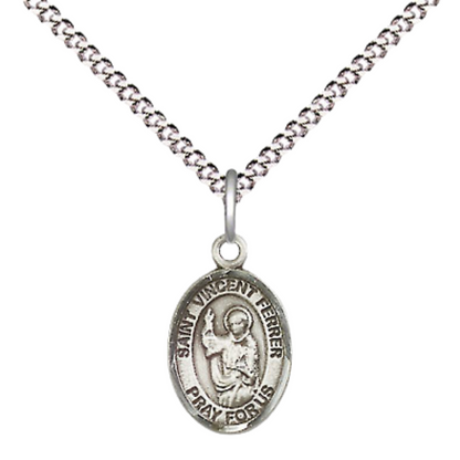 Small Sized Women's .925 Sterling Silver Saint St. Vincent Ferrer Medal Pendant on 18 Inch Rhodium Plated Lite Curb Brass Chain with Lobster Claw Clasp, Catholic Religious Necklace - Made in USA- Velvet Gift Box