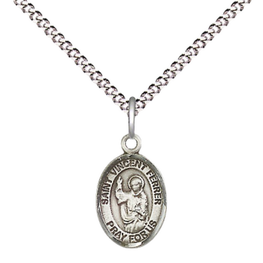 Small Sized Women's Pewter Saint St. Vincent Ferrer Medal Pendant on 18 Inch Rhodium Plated Lite Curb Brass Chain with Lobster Claw Clasp, Catholic Religious Necklace - Made in USA- Velvet Gift Box