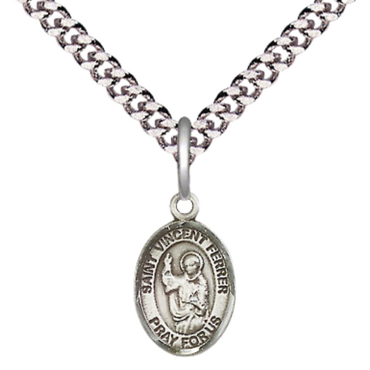 Small Sized Men's Pewter Saint St. Vincent Ferrer Medal Pendant on 24 Inch Endless Rhodium Plated Heavy Curb Brass Chain, Catholic Religious Necklace - Made in USA- Deluxe Velvet Gift Box