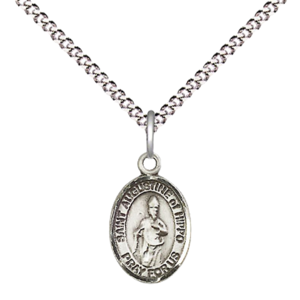 Small Sized Women's Pewter Saint St. Augustine of Hippo Medal Pendant on 18 Inch Rhodium Plated Lite Curb Brass Chain with Lobster Claw Clasp, Catholic Religious Necklace - Made in USA- Velvet Gift Box