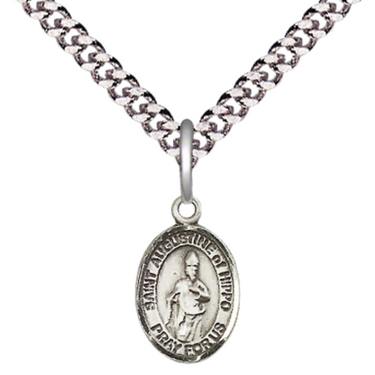 Small Sized Men's Pewter Saint St. Augustine of Hippo Medal Pendant on 24 Inch Endless Rhodium Plated Heavy Curb Brass Chain, Catholic Religious Necklace - Made in USA- Deluxe Velvet Gift Box
