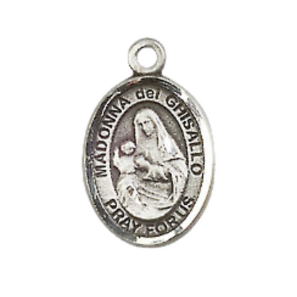 Small Sized Women's Pewter Saint Madonna Del Ghisallo Medal Pendant on 18 Inch Rhodium Plated Lite Curb Brass Chain with Lobster Claw Clasp, Catholic Religious Necklace - Made in USA- Velvet Gift Box