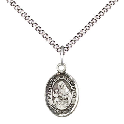 Small Sized Women's Pewter Saint Madonna Del Ghisallo Medal Pendant on 18 Inch Rhodium Plated Lite Curb Brass Chain with Lobster Claw Clasp, Catholic Religious Necklace - Made in USA- Velvet Gift Box