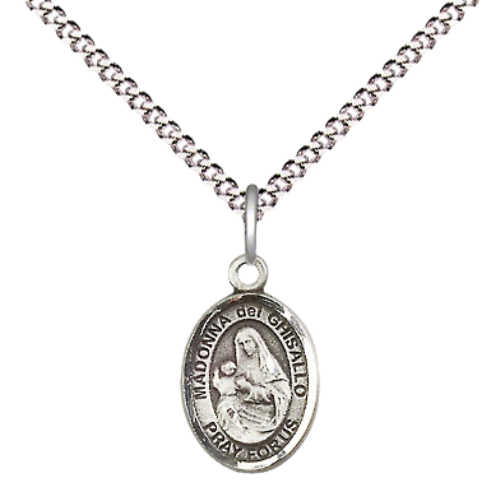 Small Sized Women's Pewter Saint Madonna Del Ghisallo Medal Pendant on 18 Inch Rhodium Plated Lite Curb Brass Chain with Lobster Claw Clasp, Catholic Religious Necklace - Made in USA- Velvet Gift Box