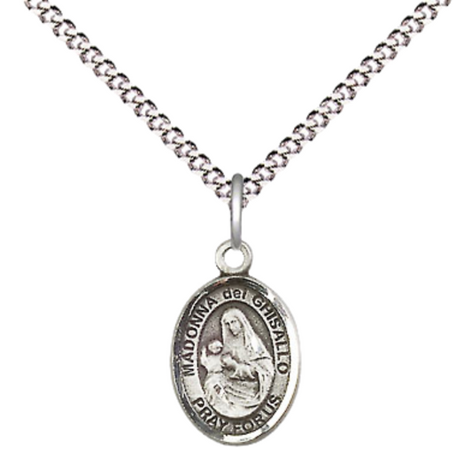 Small Sized Women's Pewter Saint Madonna Del Ghisallo Medal Pendant on 18 Inch Rhodium Plated Lite Curb Brass Chain with Lobster Claw Clasp, Catholic Religious Necklace - Made in USA- Velvet Gift Box