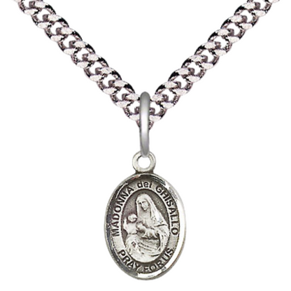 Small Sized Men's .925 Sterling Silver Saint St. Madonna Del Ghisallo Medal Pendant on 24 Inch Endless Rhodium Plated Heavy Curb Brass Chain, Catholic Religious Necklace - Made in USA- Deluxe Velvet Gift Box
