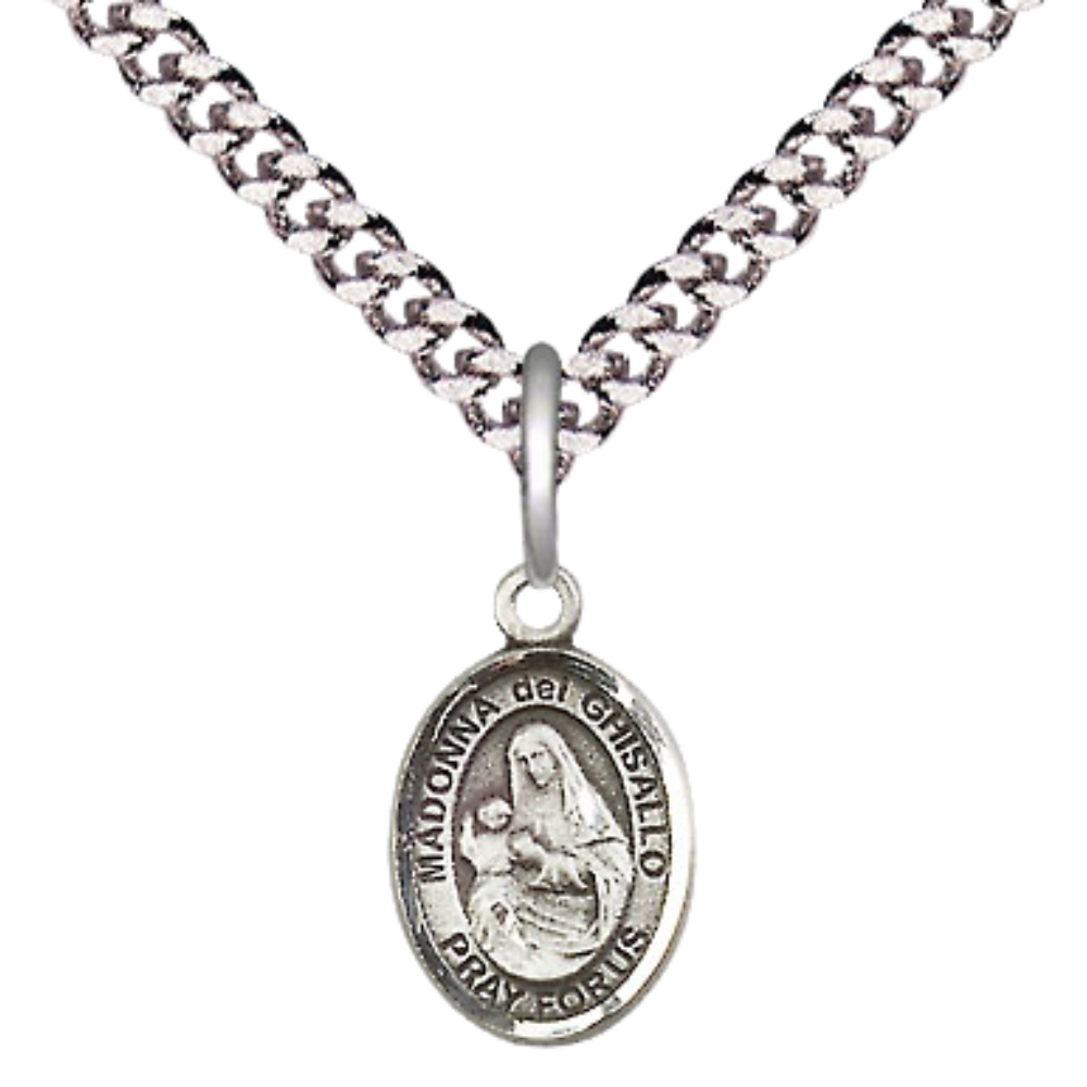 Small Sized Men's Pewter Saint St. Madonna Del Ghisallo Medal Pendant on 24 Inch Endless Rhodium Plated Heavy Curb Brass Chain, Catholic Religious Necklace - Made in USA- Deluxe Velvet Gift Box