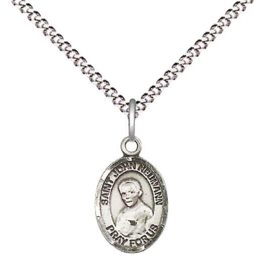 Small Sized Women's .925 Sterling Silver Saint John Neumann Medal Pendant on 18 Inch Rhodium Plated Lite Curb Brass Chain with Lobster Claw Clasp, Catholic Religious Necklace - Made in USA- Velvet Gift Box