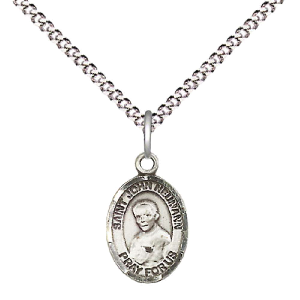 Small Sized Women's .925 Sterling Silver Saint John Neumann Medal Pendant on 18 Inch Rhodium Plated Lite Curb Brass Chain with Lobster Claw Clasp, Catholic Religious Necklace - Made in USA- Velvet Gift Box