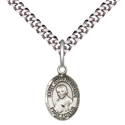 Small Sized Men's Pewter Saint St. John Neumann Medal Pendant on 24 Inch Endless Rhodium Plated Heavy Curb Brass Chain, Catholic Religious Necklace - Made in USA- Deluxe Velvet Gift Box