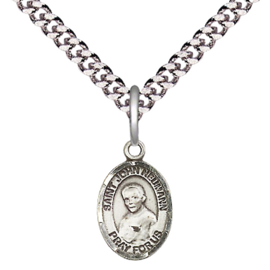 Small Sized Men's .925 Sterling Silver Saint St. John Neumann Medal Pendant on 24 Inch Endless Rhodium Plated Heavy Curb Brass Chain, Catholic Religious Necklace - Made in USA- Deluxe Velvet Gift Box