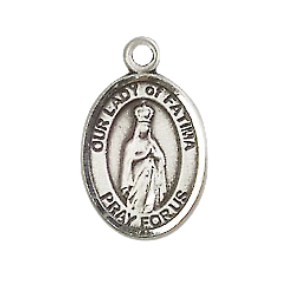 Small Sized Women's Pewter Our Lady of Fatima Medal Pendant on 18 Inch Rhodium Plated Lite Curb Brass Chain with Lobster Claw Clasp, Catholic Religious Necklace - Made in USA- Velvet Gift Box