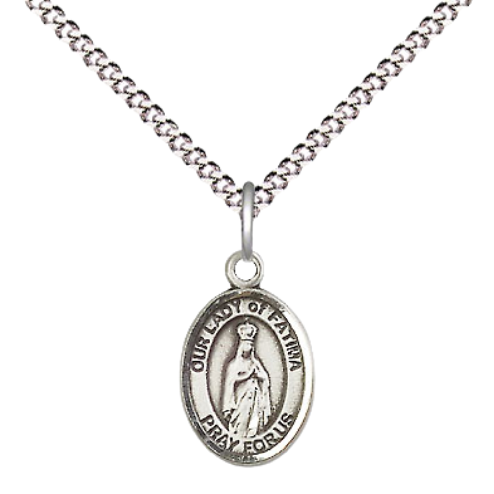 Small Sized Women's Pewter Our Lady of Fatima Medal Pendant on 18 Inch Rhodium Plated Lite Curb Brass Chain with Lobster Claw Clasp, Catholic Religious Necklace - Made in USA- Velvet Gift Box
