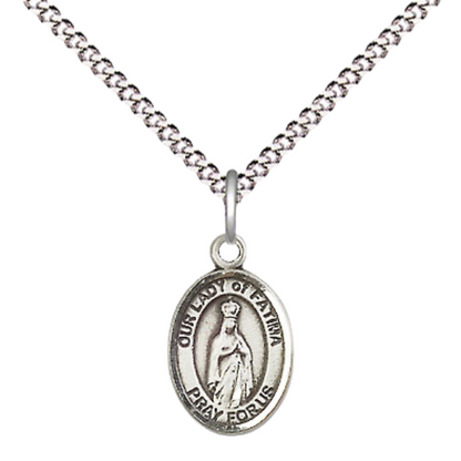Small Sized Women's Pewter Our Lady of Fatima Medal Pendant on 18 Inch Rhodium Plated Lite Curb Brass Chain with Lobster Claw Clasp, Catholic Religious Necklace - Made in USA- Velvet Gift Box
