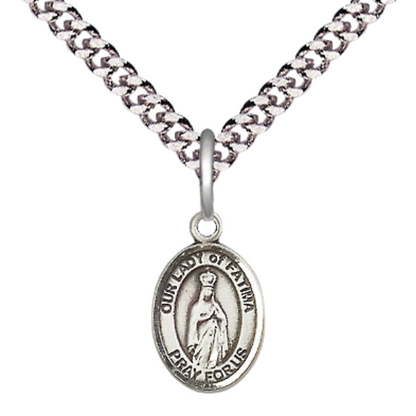Small Sized Men's .925 Sterling Silver Our Lady of Fatima Medal Pendant on 24 Inch Endless Rhodium Plated Heavy Curb Brass Chain, Catholic Religious Necklace - Made in USA- Deluxe Velvet Gift Box