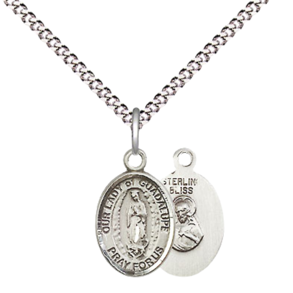 Small Sized Women's .925 Sterling Silver Our Lady of Guadalupe Medal Pendant on 18 Inch Rhodium Plated Lite Curb Brass Chain with Lobster Claw Clasp, Catholic Religious Necklace - Made in USA- Velvet Gift Box