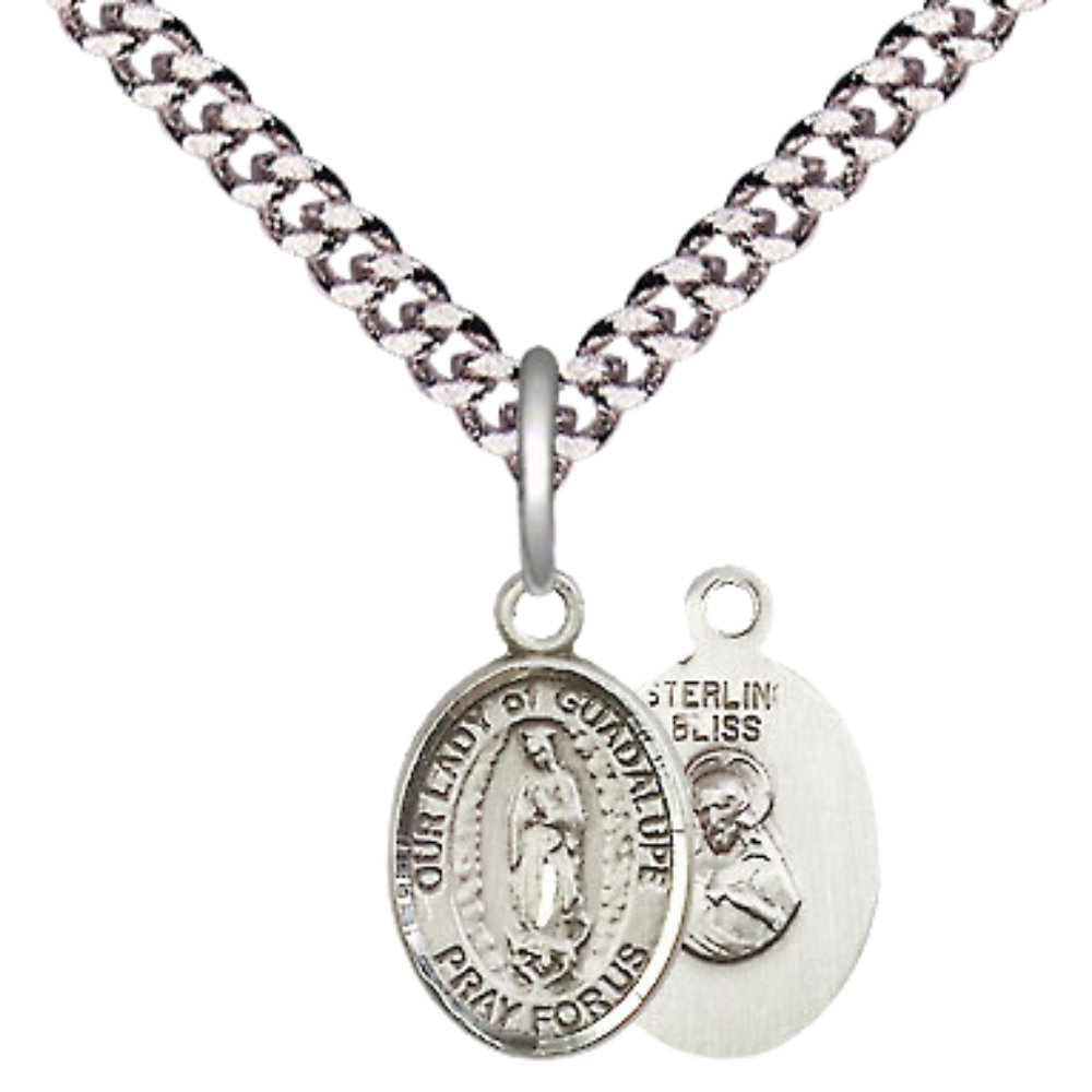 Small Sized Men's .925 Sterling Silver Our Lady of Guadalupe Medal Pendant on 24 Inch Endless Rhodium Plated Heavy Curb Brass Chain, Catholic Religious Necklace - Made in USA- Deluxe Velvet Gift Box
