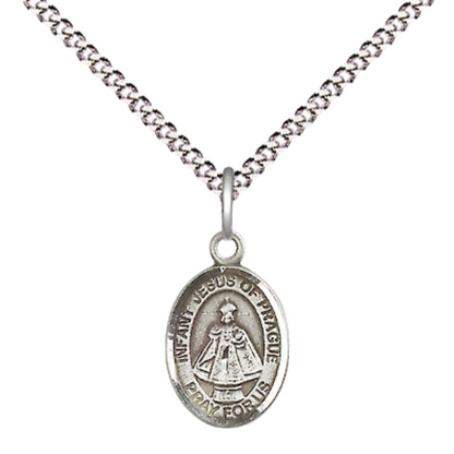 Small Sized Pewter Infant of Prague Medal Pendant on 18 Inch Rhodium Plated Lite Curb Brass Chain with Lobster Claw Clasp, Catholic Religious Necklace - Made in USA- Velvet Gift Box