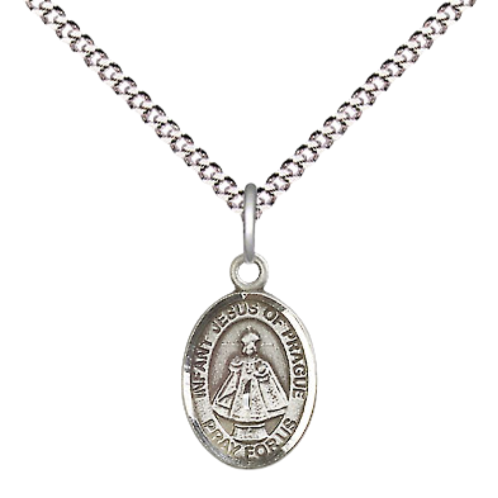 Small Sized .925 Sterling Silver Infant of Prague Medal Pendant on 18 Inch Rhodium Plated Lite Curb Brass Chain with Lobster Claw Clasp, Catholic Religious Necklace - Made in USA- Velvet Gift Box