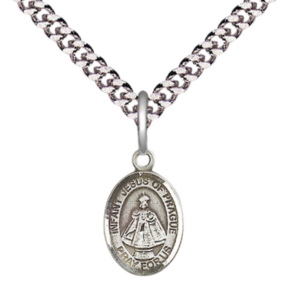 .925 Sterling Silver Infant of Prague Medal Pendant on 24 Inch Endless Rhodium Plated Heavy Curb Brass Chain, Catholic Religious Necklace -Made in USA- Deluxe Velvet Gift Box