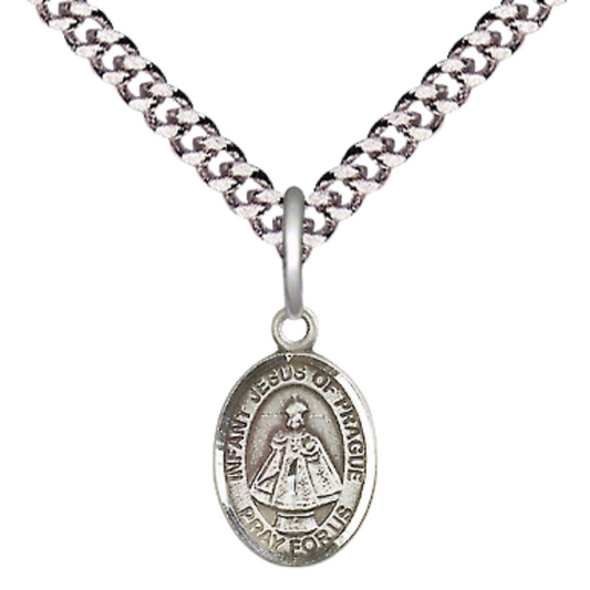 .925 Sterling Silver Infant of Prague Medal Pendant on 24 Inch Endless Rhodium Plated Heavy Curb Brass Chain, Catholic Religious Necklace -Made in USA- Deluxe Velvet Gift Box