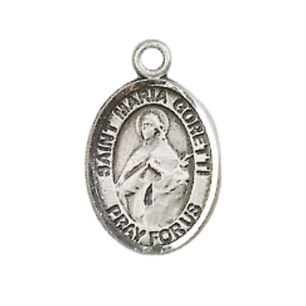 Small Sized Women's .925 Sterling Silver Saint St. Maria Goretti Medal Pendant on 18 Inch Rhodium Plated Lite Curb Brass Chain with Lobster Claw Clasp, Catholic Religious Necklace - Made in USA- Velvet Gift Box