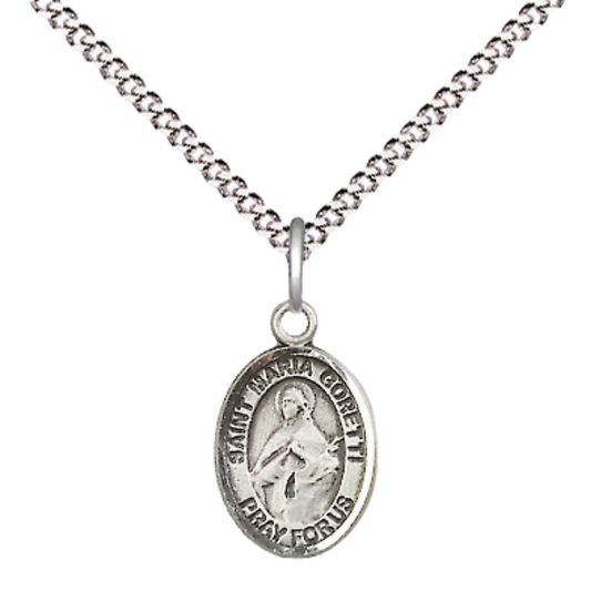 Small Sized Women's .925 Sterling Silver Saint St. Maria Goretti Medal Pendant on 18 Inch Rhodium Plated Lite Curb Brass Chain with Lobster Claw Clasp, Catholic Religious Necklace - Made in USA- Velvet Gift Box