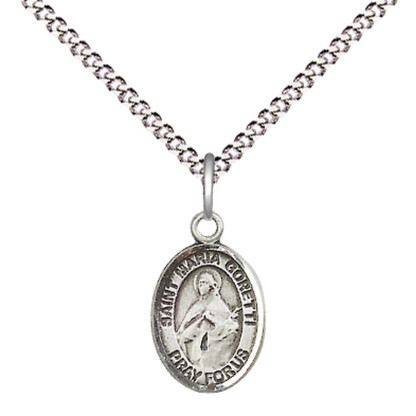 Small Sized Pewter Saint St. Maria Goretti Medal Pendant on 18 Inch Rhodium Plated Lite Curb Brass Chain with Lobster Claw Clasp, Catholic Religious Necklace - Made in USA- Velvet Gift Box