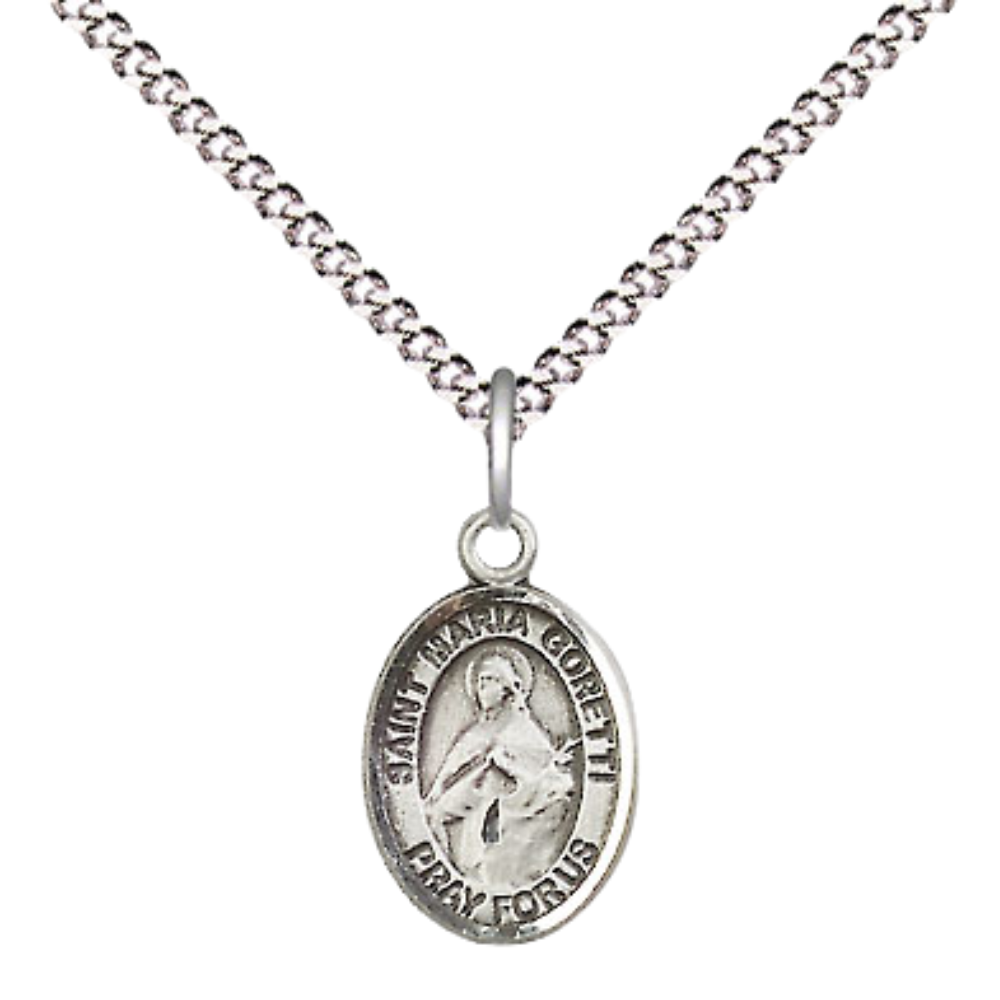 Small Sized Women's .925 Sterling Silver Saint St. Maria Goretti Medal Pendant on 18 Inch Rhodium Plated Lite Curb Brass Chain with Lobster Claw Clasp, Catholic Religious Necklace - Made in USA- Velvet Gift Box