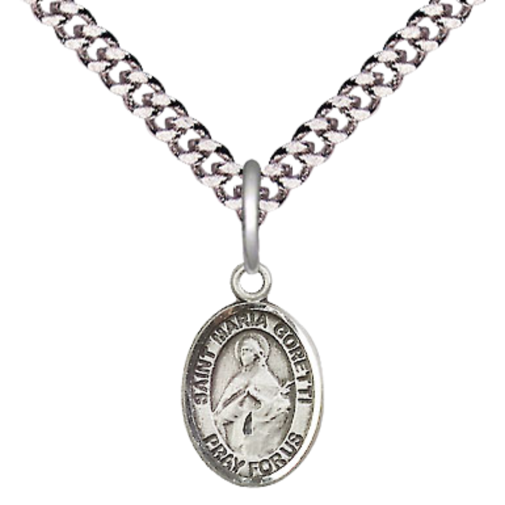 Small Sized Men's Pewter Saint St. Maria Goretti Medal Pendant on 24 Inch Endless Rhodium Plated Heavy Curb Brass Chain, Catholic Religious Necklace - Made in USA- Deluxe Velvet Gift Box