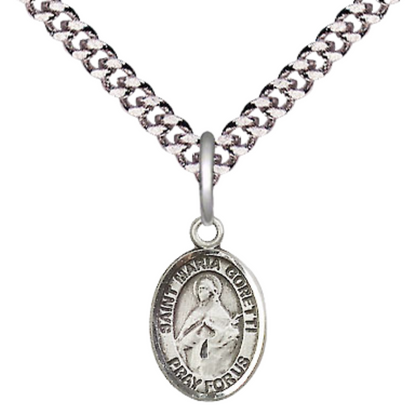 Small Sized Men's Pewter Saint St. Maria Goretti Medal Pendant on 24 Inch Endless Rhodium Plated Heavy Curb Brass Chain, Catholic Religious Necklace - Made in USA- Deluxe Velvet Gift Box