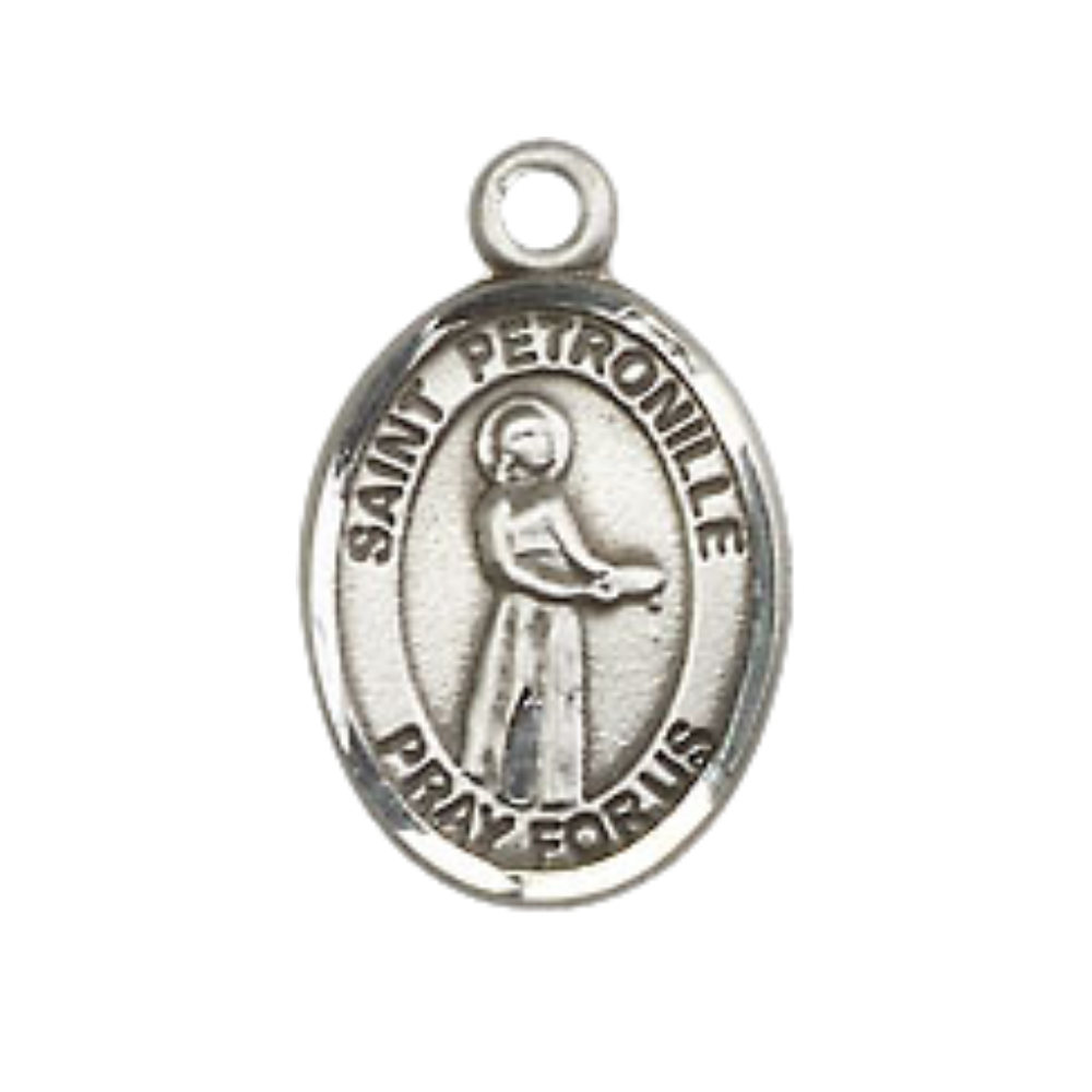 Small Sized Women's Pewter Saint Petronille Medal Pendant on 18 Inch Rhodium Plated Lite Curb Brass Chain with Lobster Claw Clasp, Catholic Religious Necklace - Made in USA- Velvet Gift Box